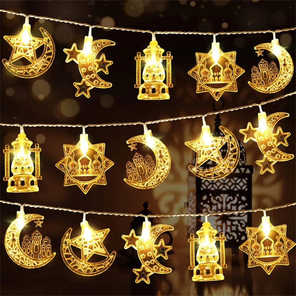 Eid Mubarak Star & Moon LED String Lights - 1.5M, 10 LEDs